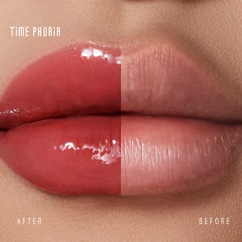 Timephoria ultra stay-shine lip vinyl Lips shown before and after application of a cosmetic product, with 'Time Phoria' branding.