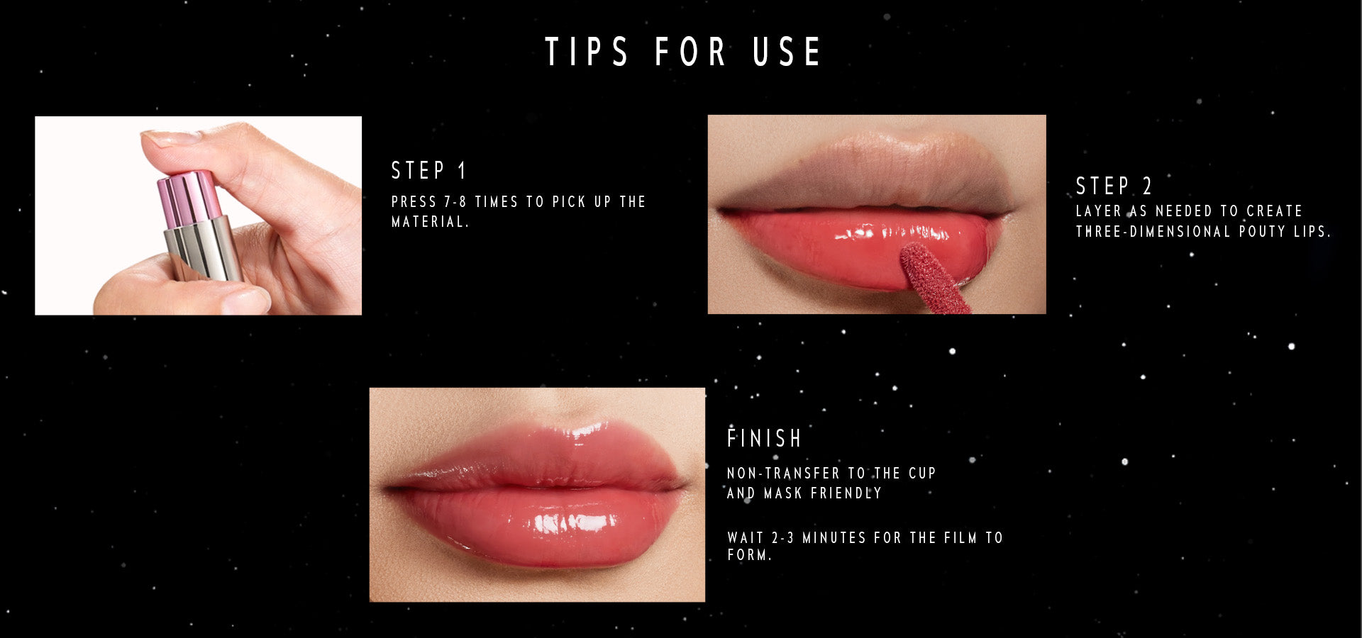 Timephoria ultra stay-shine lip vinyl Instructions for using a lip product with close-up images of lips and a lip product.