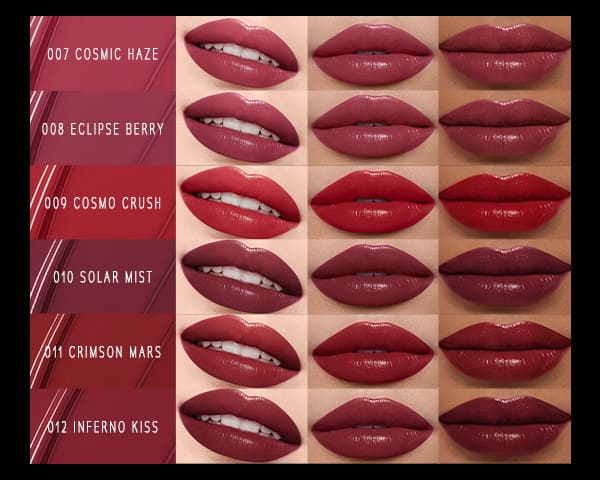 Timephoria ultra stay-color lip vinyl color swatches on a different skin tones with color names.