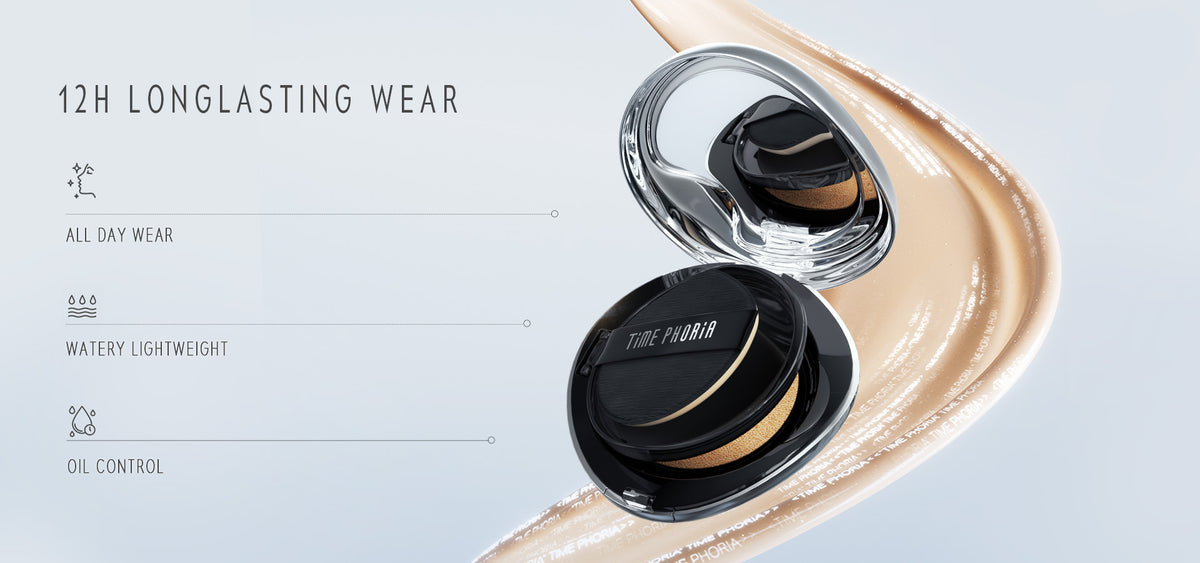 Timephoria Matte Cover Cushion foundation Makeup compact with '12H Longlasting Wear' text and product features on a light background