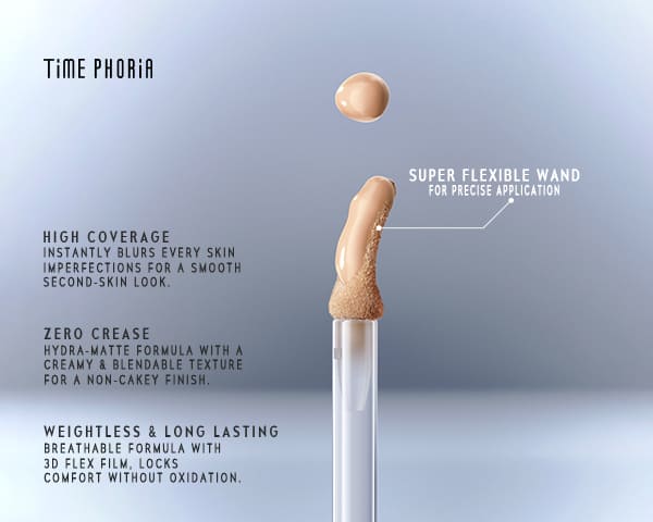 Timephoria Concealer Cosmetic applicator with features: HIGH COVERAGE ZERO CREASE WEIGHTLESS $ LONG LASTING