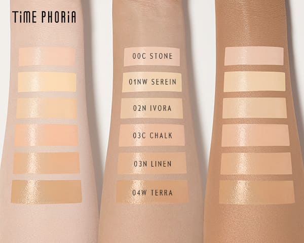 Timephoria Concealer color swatches on arms with color swatches and names on a light background