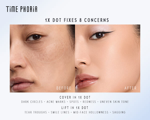 Timephoria Concealer Before and after comparison of a cosmetic product application on a person's face