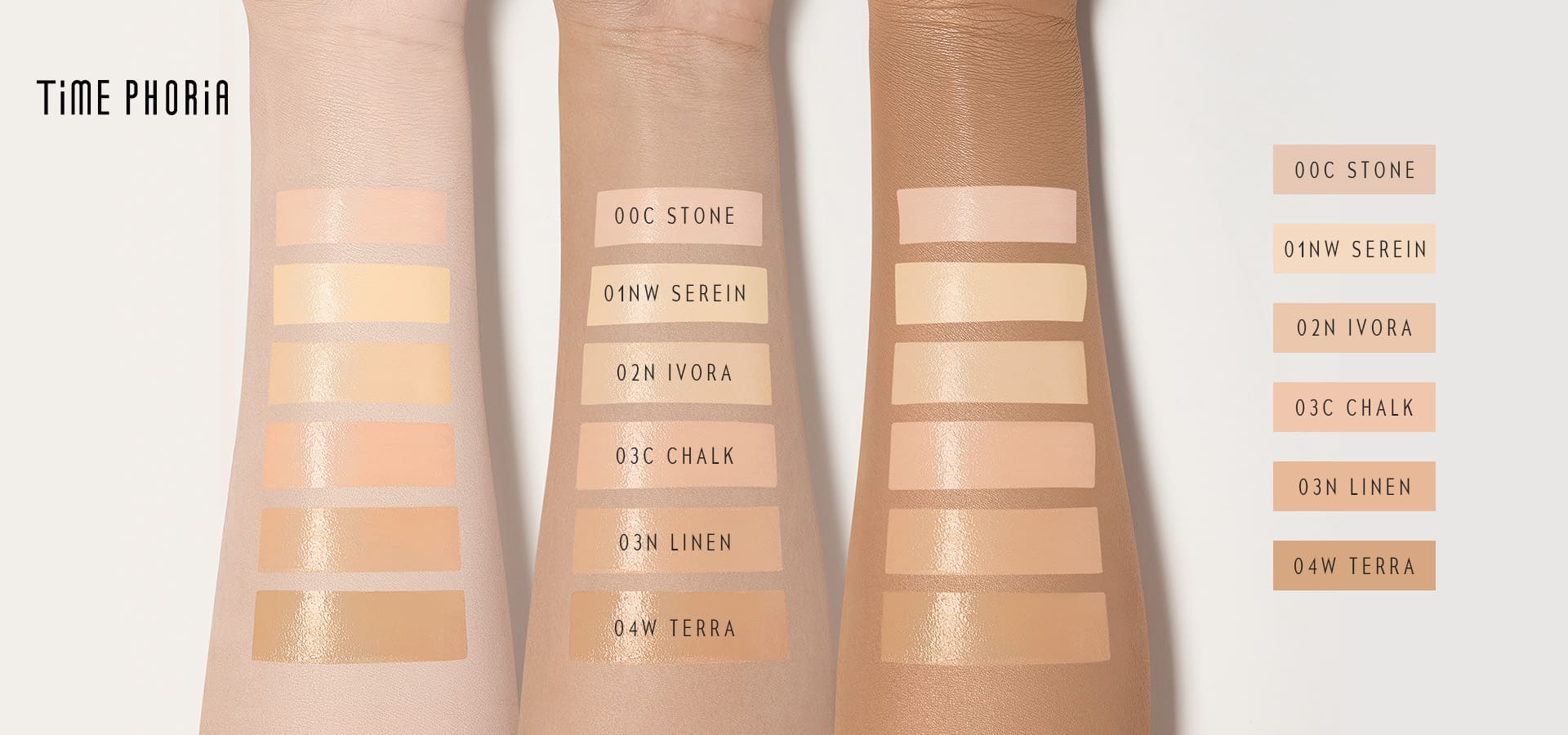 Timephoria Concealer color swatches on arms with color swatches and names on a light background