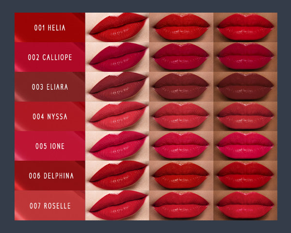 Timephoria superstain lip stain tattoo shades displayed on lips with color names on the left