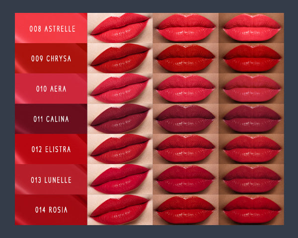 Timephoria superstain lip stain tattoo shades displayed on lips with color names on the left