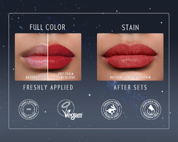 Timephoria superstain lip stain tattoo Lip color comparison chart showing 'Before' and 'After' with brand logos on a dark background.