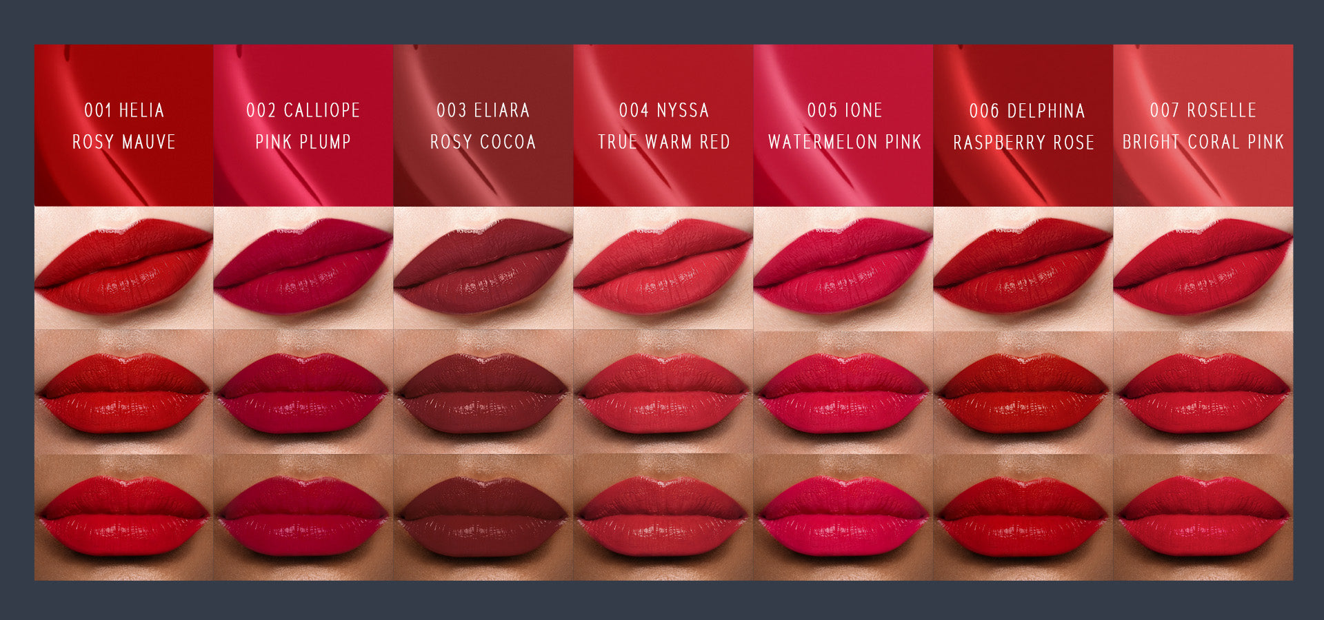 Timephoria superstain lip stain tattoo shades displayed on lips with color names above each