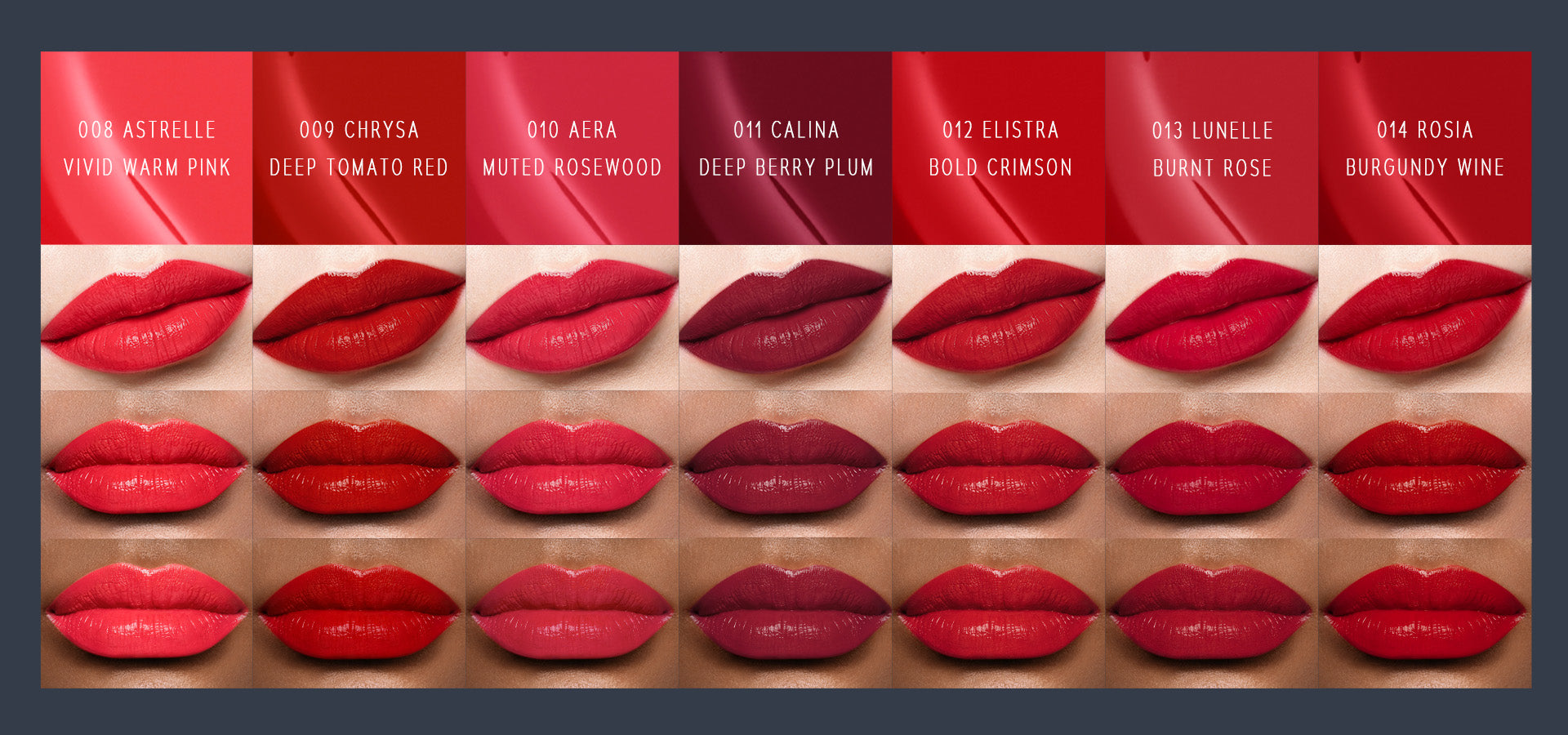 Timephoria superstain lip stain tattoo shades displayed on lips with color names above each