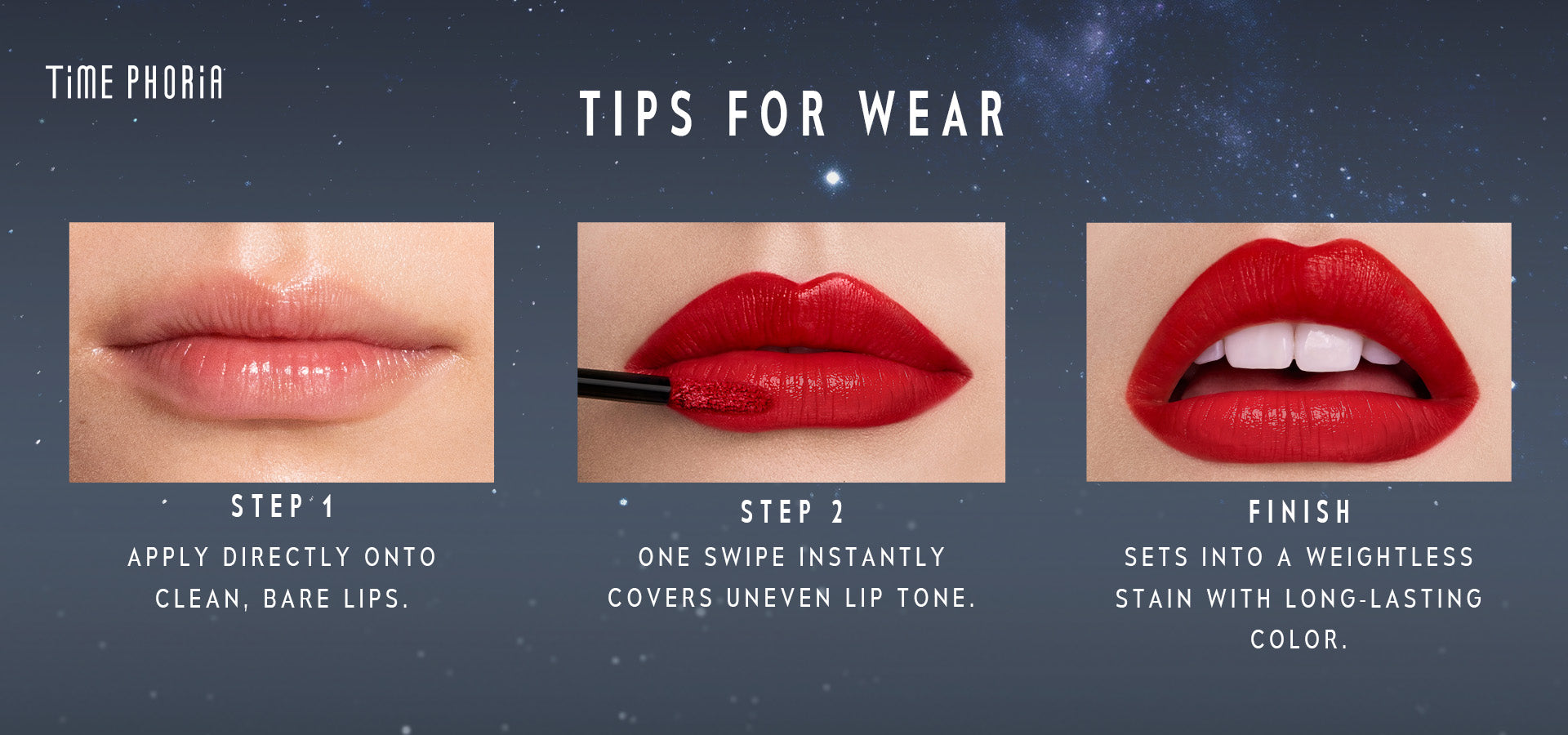 Timephoria superstain lip stain tattoo application steps with close-up images of lips on a dark background