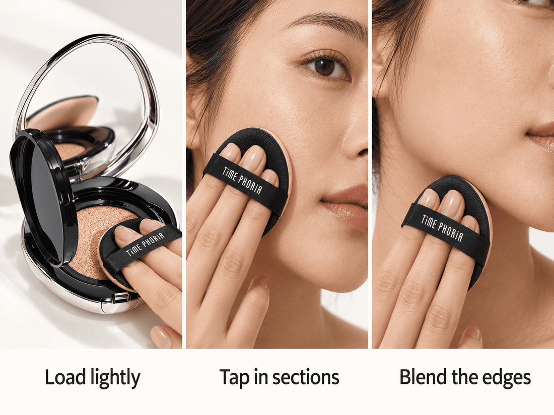 Three-step cushion foundation tutorial showing a puff picking up product, tapping it onto the cheek, and blending along the jawline.