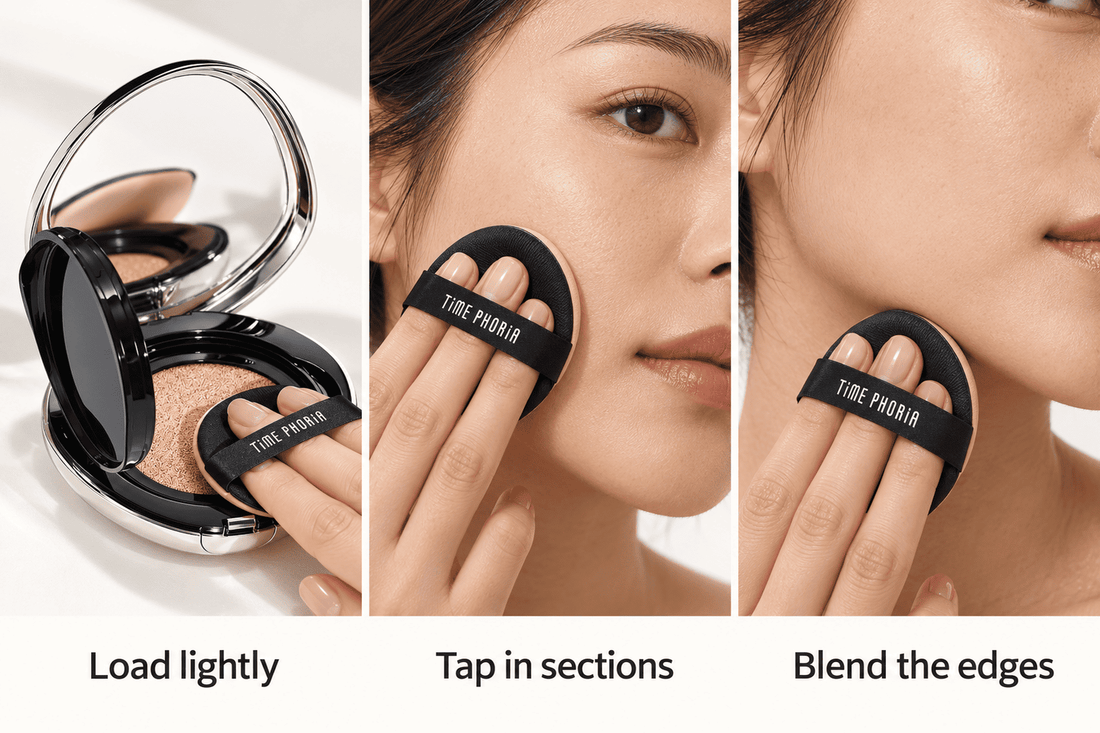 Three-step cushion foundation tutorial showing a puff picking up product, tapping it onto the cheek, and blending along the jawline.