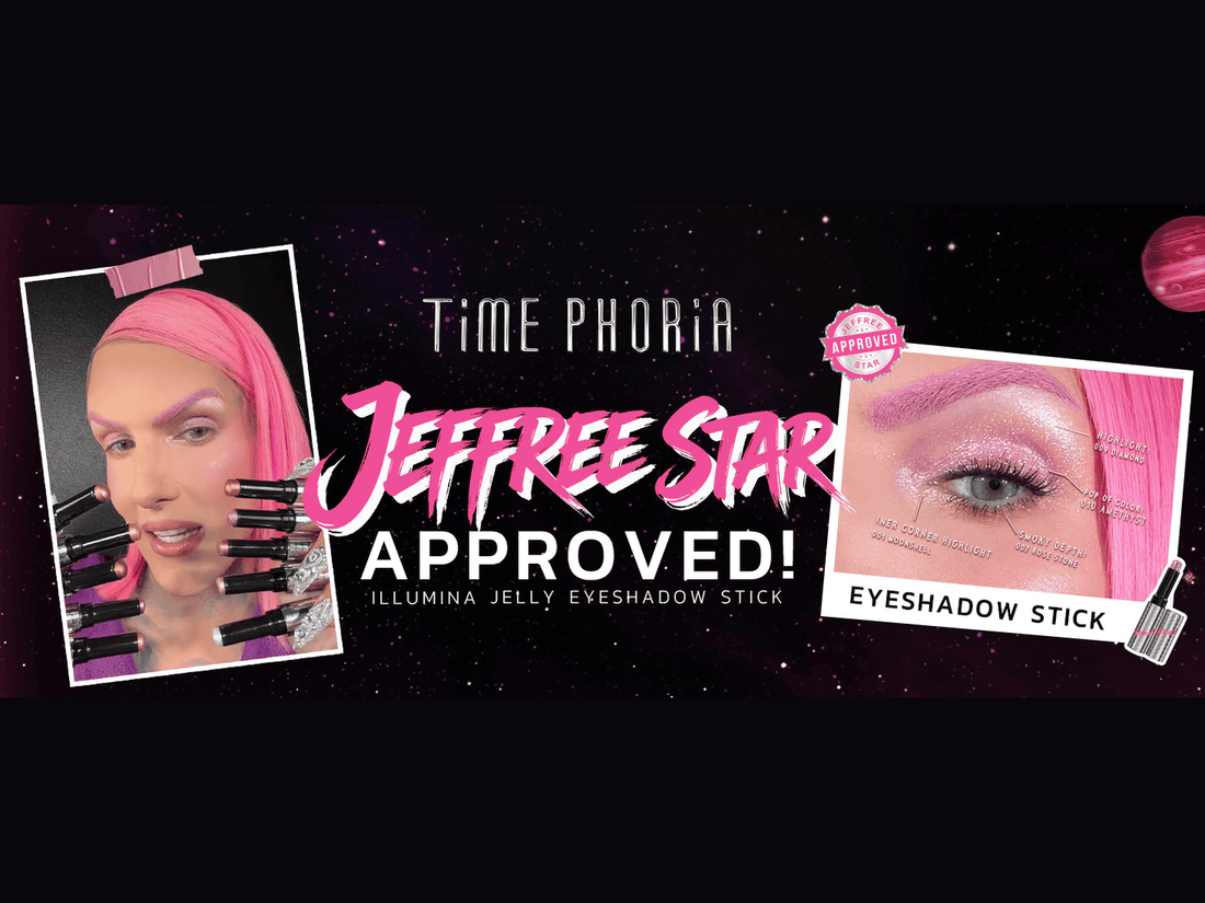 Jeffree Star with TimePhoria Illumina Jelly Eyeshadow Sticks, a sparkling eye look, and the Jeffree Star Approved badge.