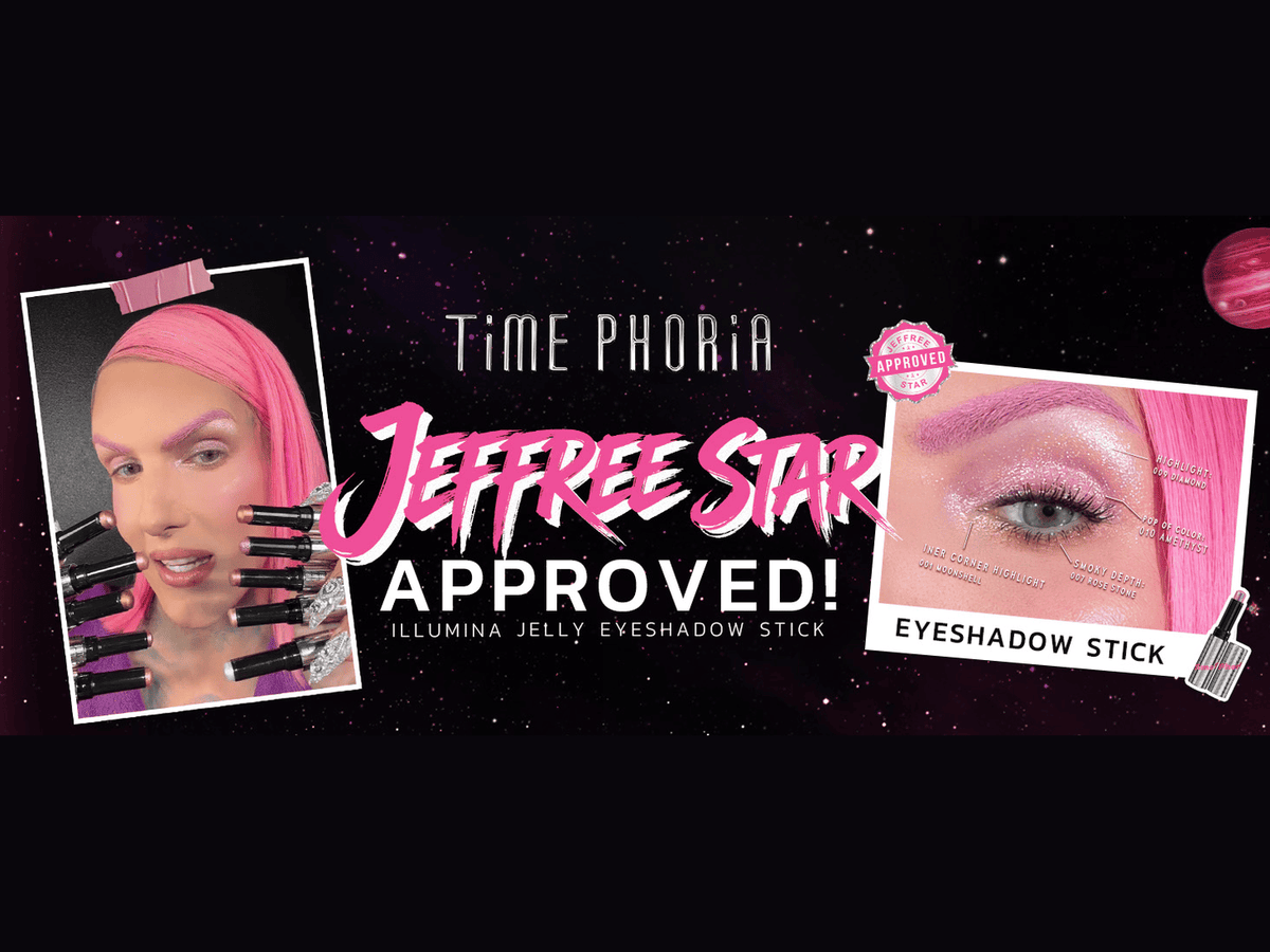 Jeffree Star with TimePhoria Illumina Jelly Eyeshadow Sticks, a sparkling eye look, and the Jeffree Star Approved badge.