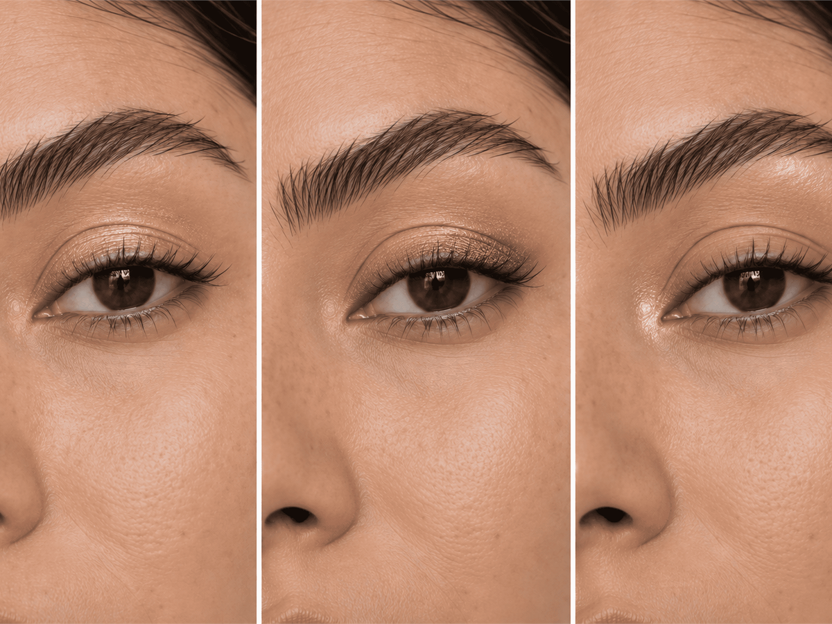 Three close-up eye looks showing an eyeshadow stick as lid color, a soft upper-lash accent, and a highlight just outside the inner corner.  