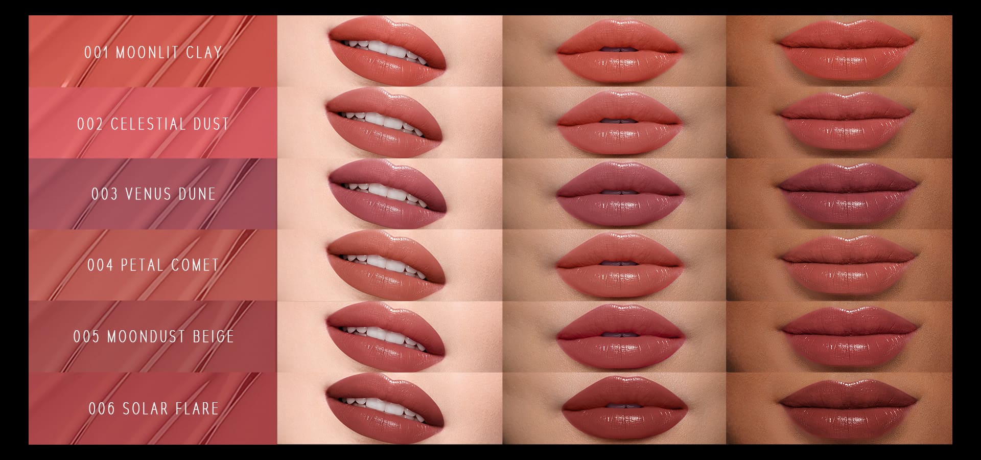 Timephoria ultra stay-color lip vinyl color swatches on a different skin tones with color names.