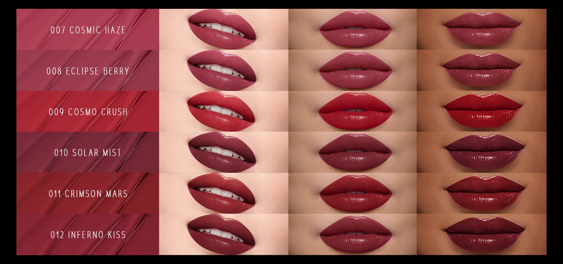 Timephoria ultra stay-color lip vinyl color swatches on a different skin tones with color names.