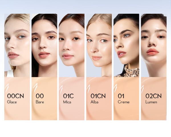 Timephoria Glow Cushion Foundation Product color swatches with models wearing different makeup shades