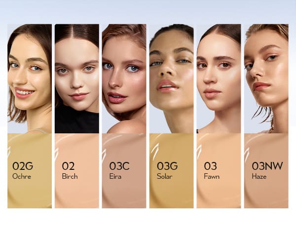 Timephoria Glow Cushion Foundation Product color swatches with models wearing different makeup shades