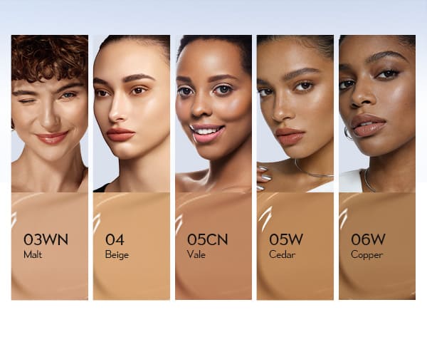 Timephoria Glow Cushion Foundation Product color swatches with models wearing different makeup shades