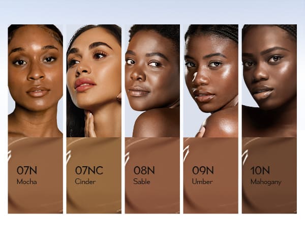 Timephoria Glow Cushion Foundation Product color swatches with models wearing different makeup shades