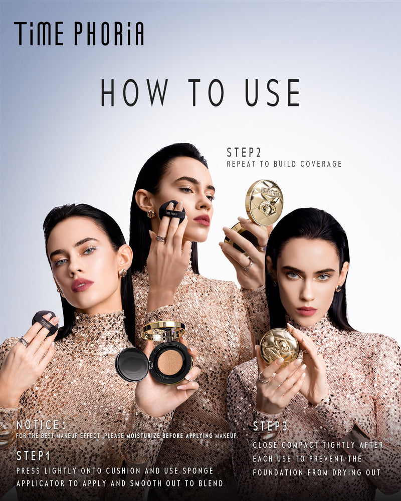 Timephoria Glow Cushion Foundation step-by-step instructions on how to use it.