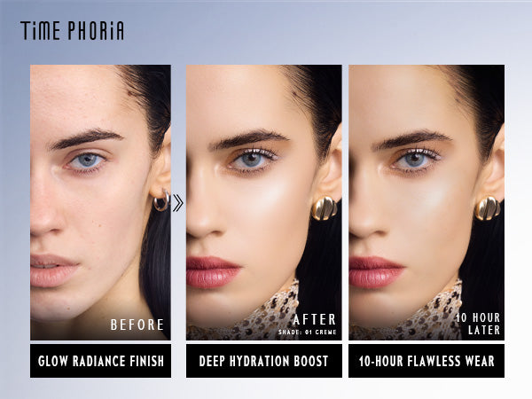 Advertisement for Timephoria Glow Cushion Foundation product showing a 'Before' and 'After' effect on skin.