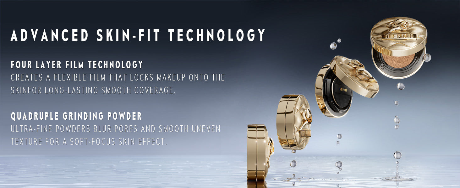 Timephoria Glow Cushion Foundation product with 'Advanced Skin-Fit Technology' text