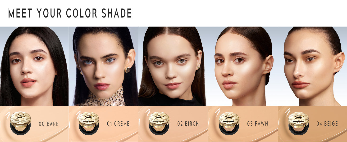 Timephoria Glow Cushion Foundation Product color swatches with models wearing different makeup shades