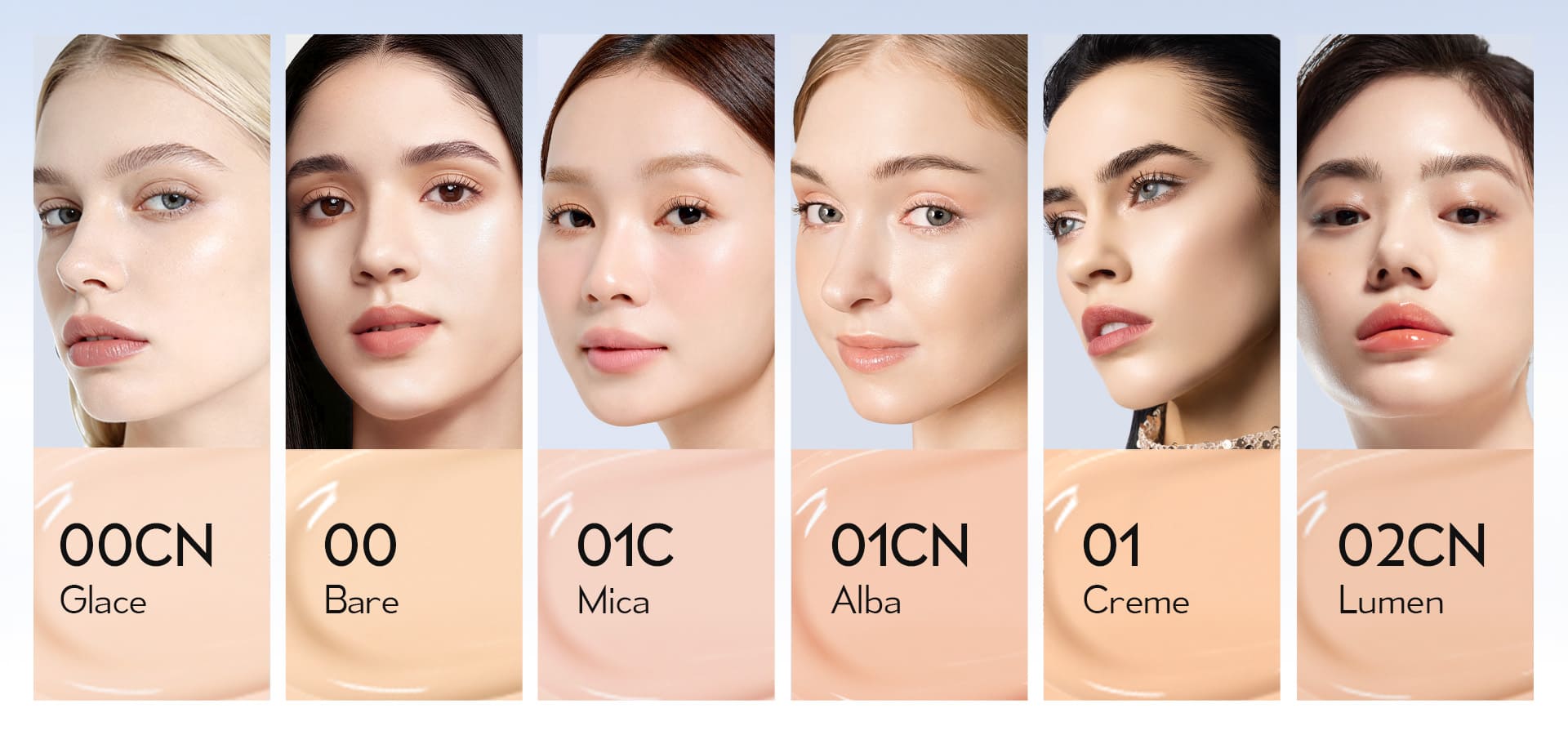 Timephoria Glow Cushion Foundation Product color swatches with models wearing different makeup shades
