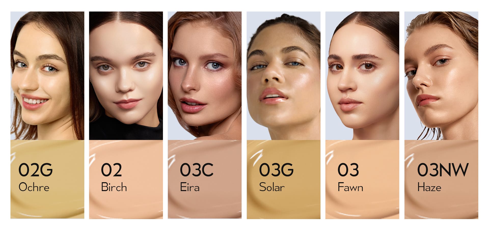 Timephoria Glow Cushion Foundation Product color swatches with models wearing different makeup shades