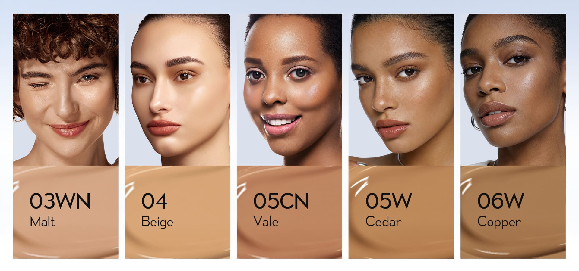 Timephoria Glow Cushion Foundation Product color swatches with models wearing different makeup shades