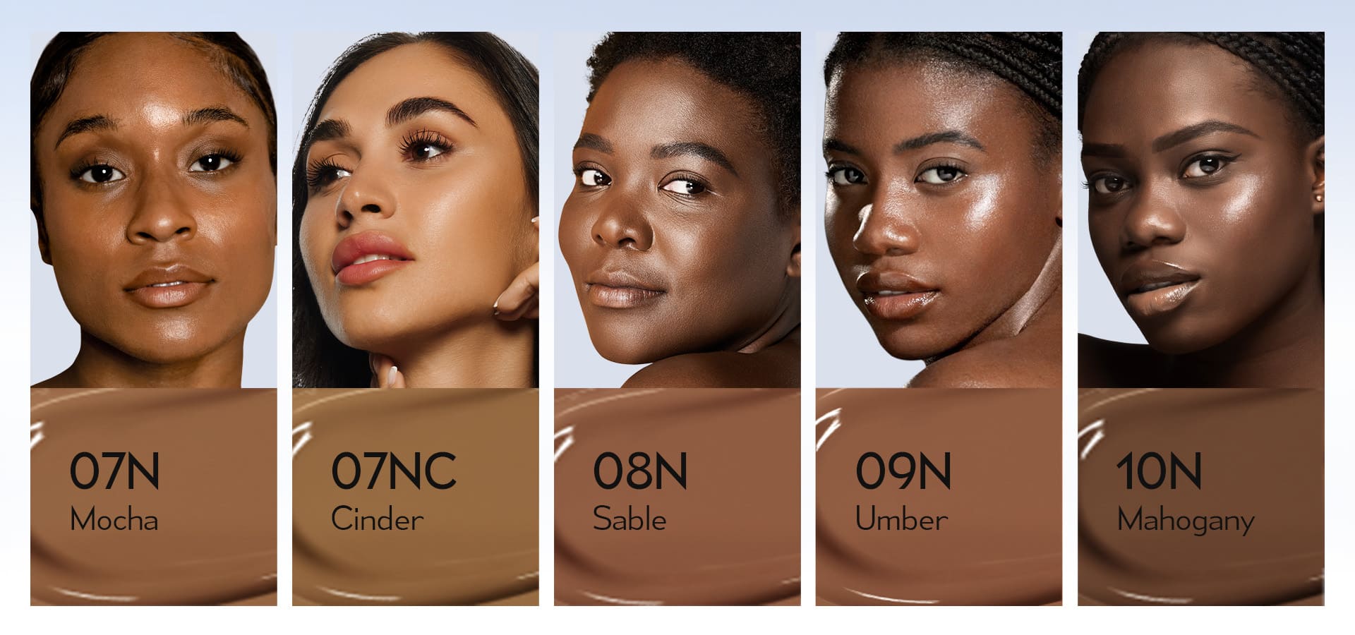Timephoria Glow Cushion Foundation Product color swatches with models wearing different makeup shades