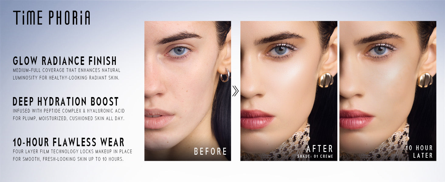 Advertisement for Timephoria Glow Cushion Foundation product showing a 'Before' and 'After' effect on skin.