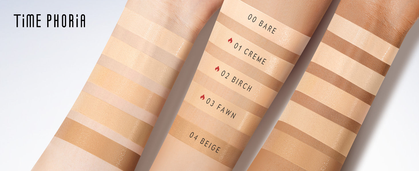 Timephoria Glow Cushion Foundation color swatches and labels on three arms in different skin tone
